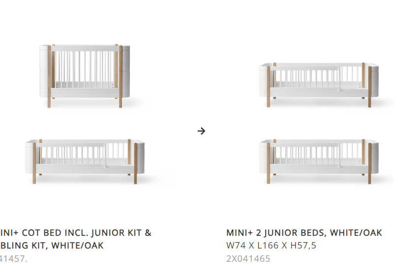 Oliver Furniture Conversion from Mini+ cotbed plus sibling kit, to 2 x junior beds in white and oak