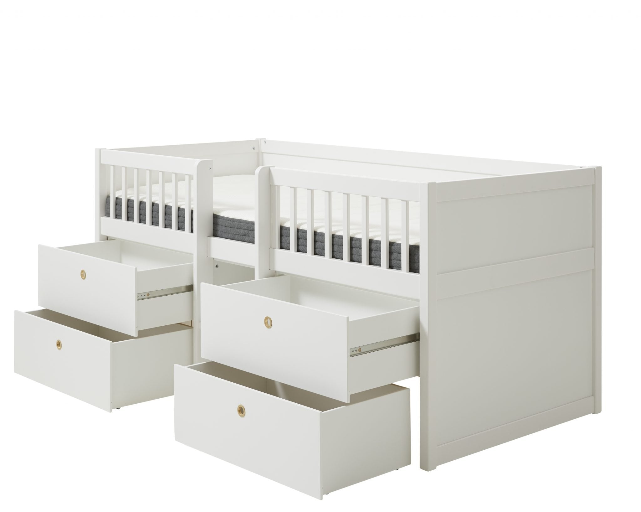 childrens low mid high white bed with ladder and 4 open drawers