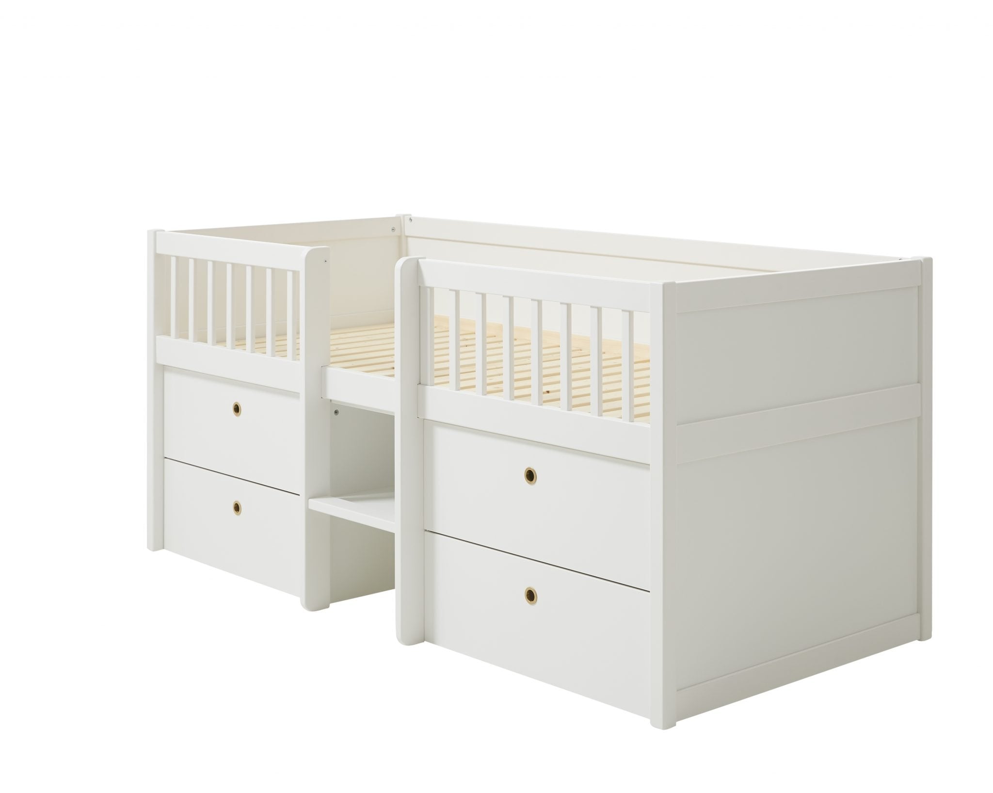 childrens low mid high white bed with ladder and 4 drawers